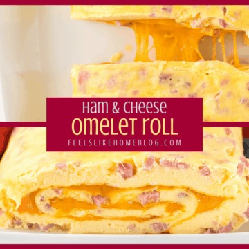 A close up of ham and cheese omelet roll with cheese stretching