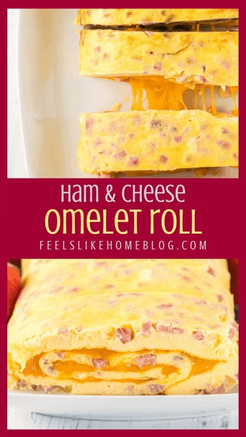 A collage of ham and cheese omelet roll
