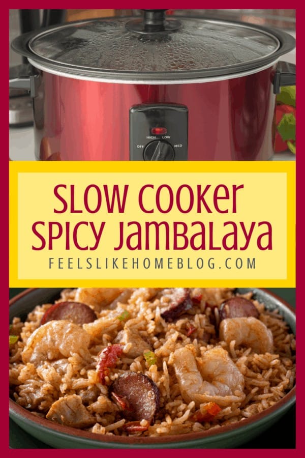 A close up of a Crockpot, with Jambalaya and Chicken and sausage and rice