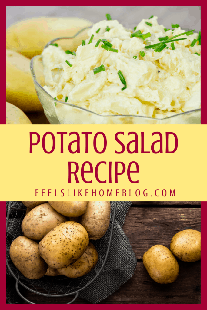 A close up of homemade potato salad with whole potatoes