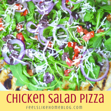 chicken salad pizza with tomato, onion, lettuce, and cheese and the title "chicken salad pizza"