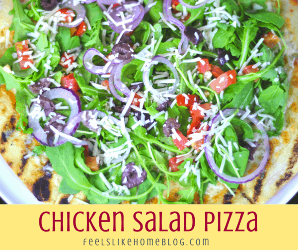 chicken salad pizza with tomato, onion, lettuce, and cheese and the title \"chicken salad pizza\"