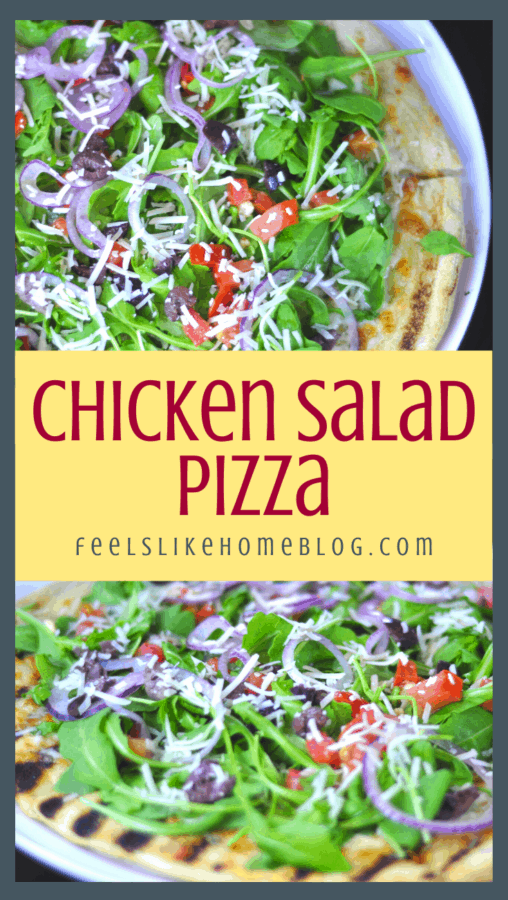 a collage of salad pizza with chicken, lettuce, and ranch dressing