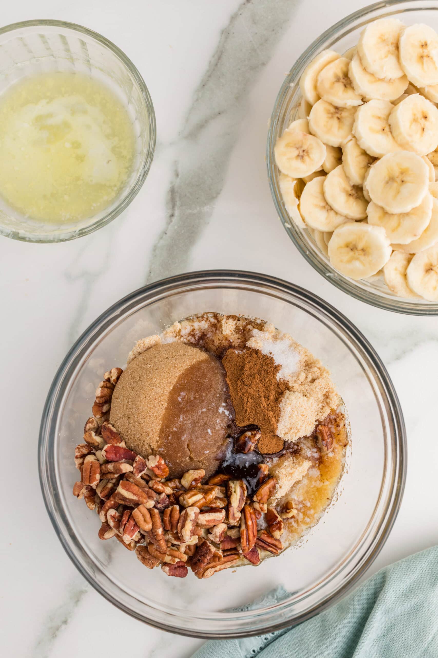 Banana pecan crumble topping ingredients before mixing