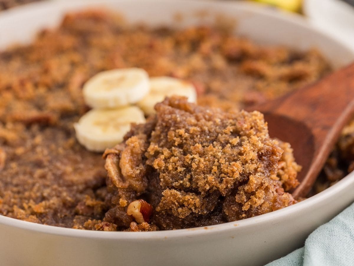 Homemade banana crumble with golden brown topping