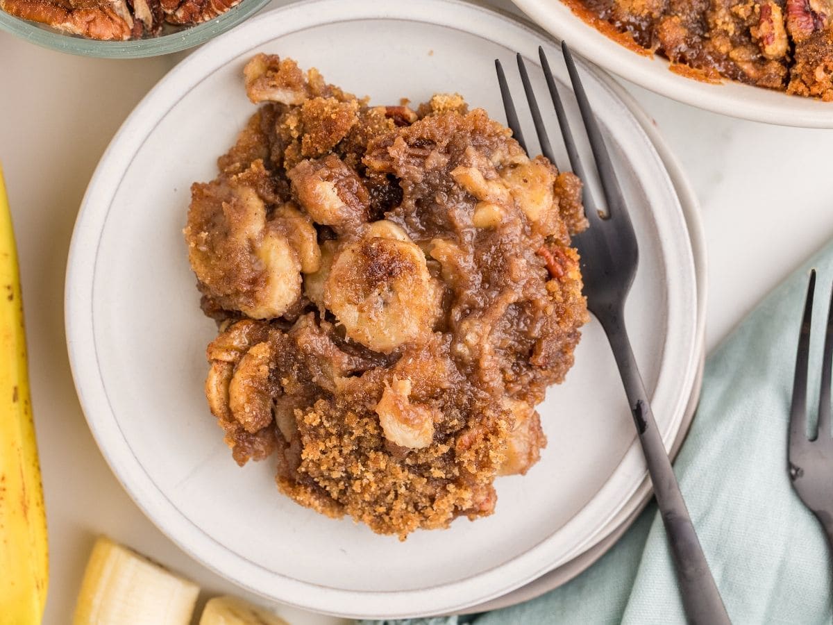 Banana pecan cobbler with soft caramelized bananas