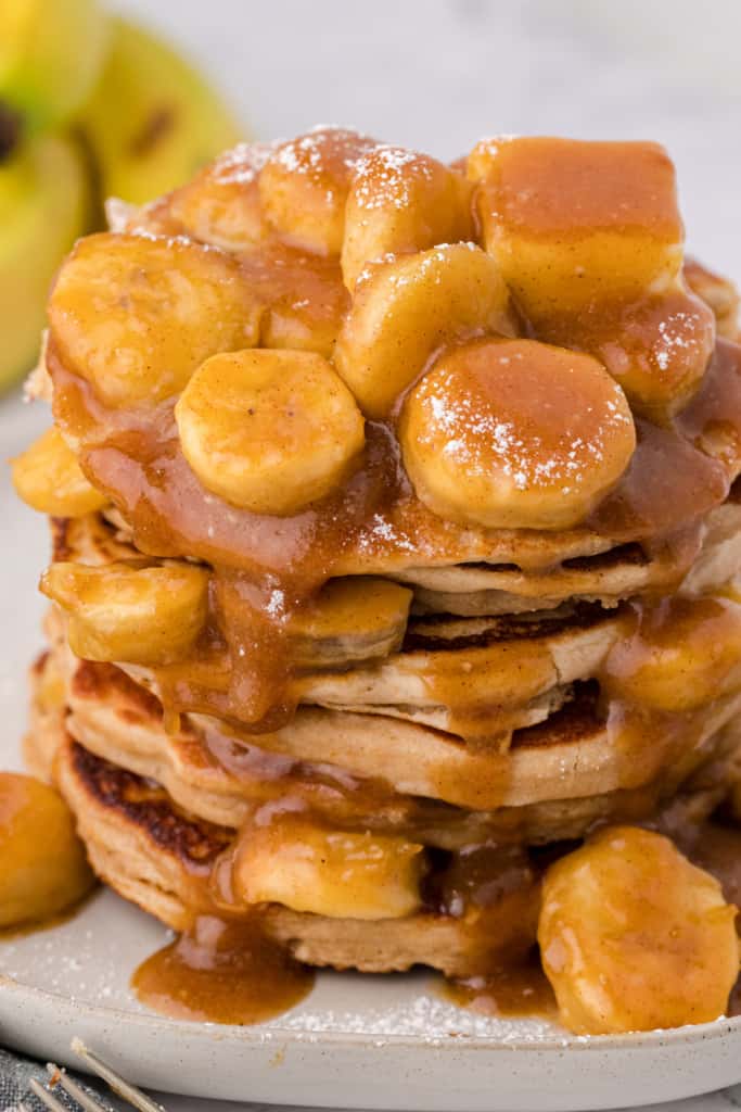 a close up of bananas foster pancakes