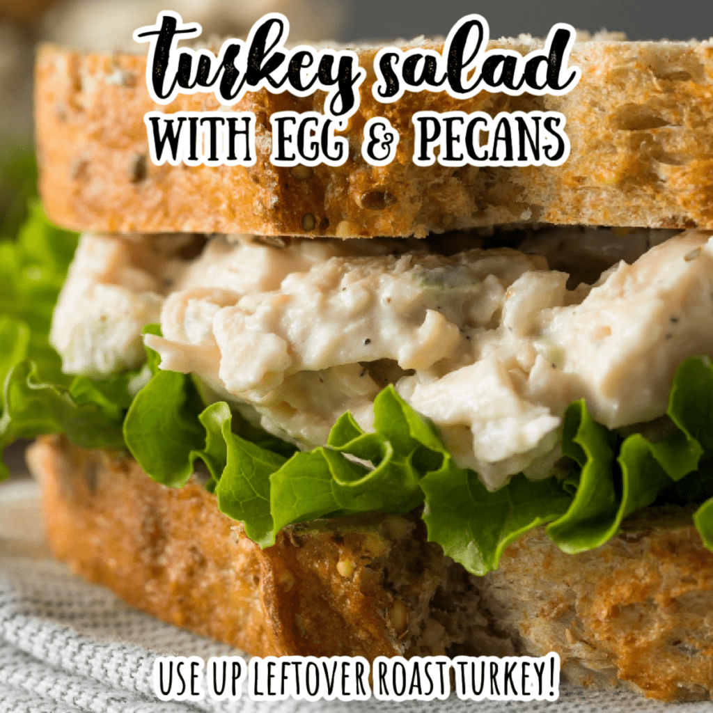 a close up of a turkey salad sandwich