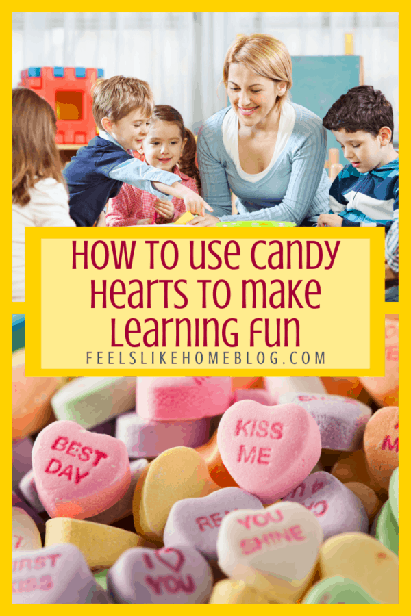 A collage of candy hearts and a homeschool 