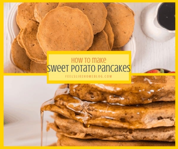 A bunch of different types of food, with sweet potato Pancakes