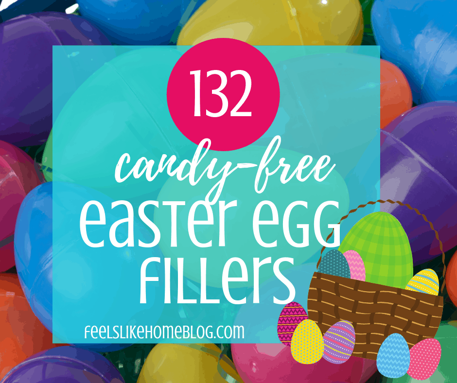 plastic easter eggs with the title "132 candy-free easter egg fillers" and a graphic of an easter basket