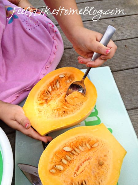 A little girl scooping the guts out of a pumpkin