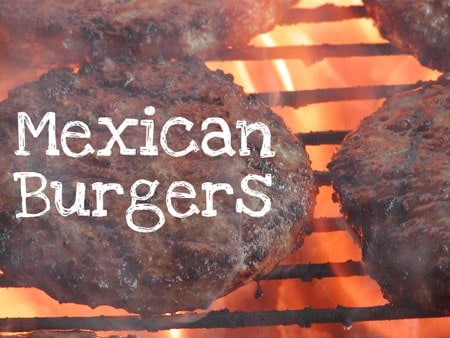 burgers on a grill with the title \"Mexican burgers\"