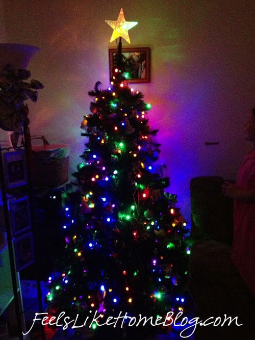 A christmas tree in a dark room