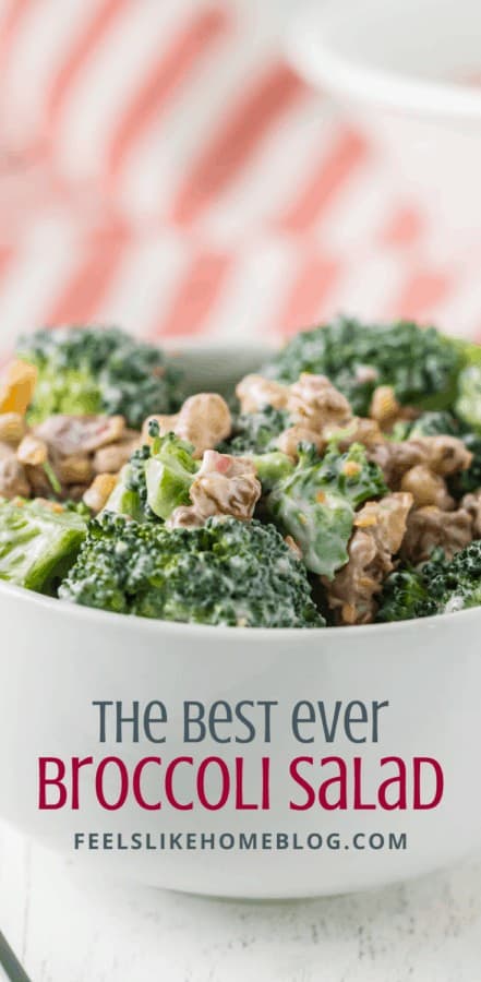 A close up of a bowl of broccoli salad