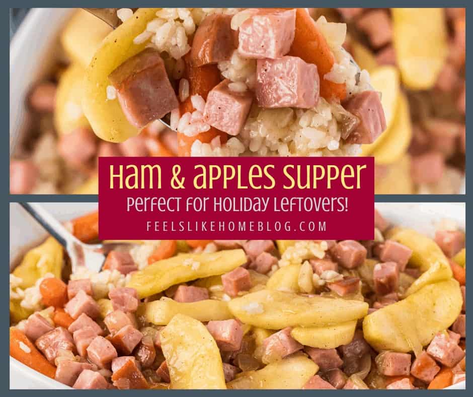 Ham and apples with rice and carrots