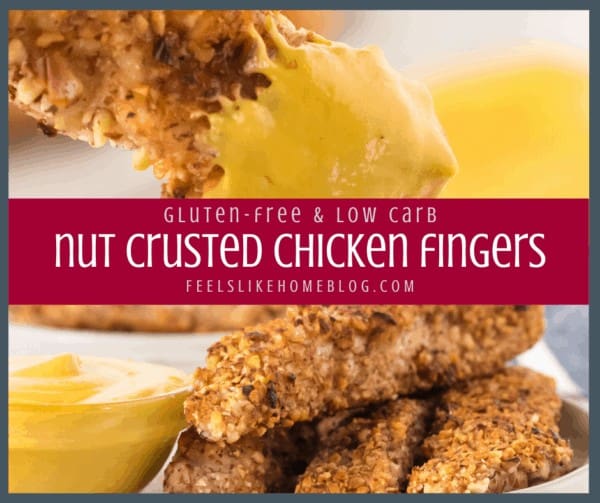 A close up of nut crusted chicken fingers
