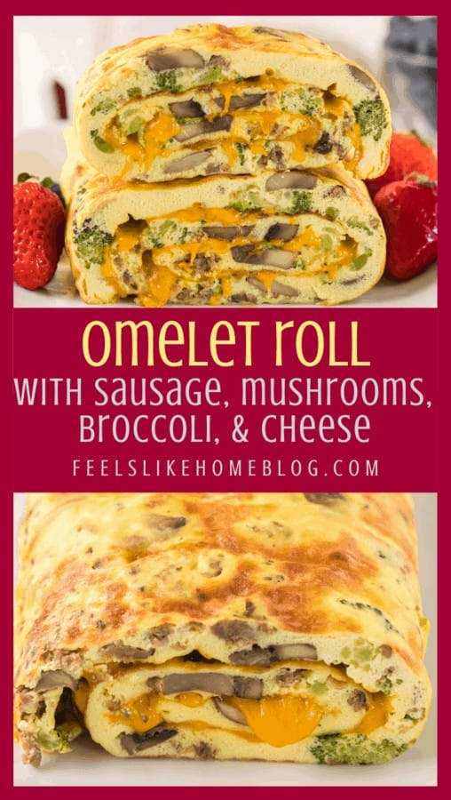 A close up of an omelet roll with sausage, cheese, broccoli, and mushrooms