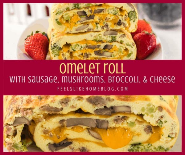 A close up of an omelet roll with sausage, cheddar cheese, broccoli, and mushrooms