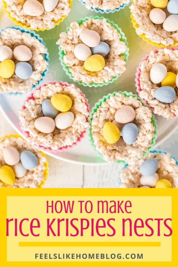 A tray full of Rice Krispies nests in colorful wrappers with the title \"How to make rice krispie nests\"