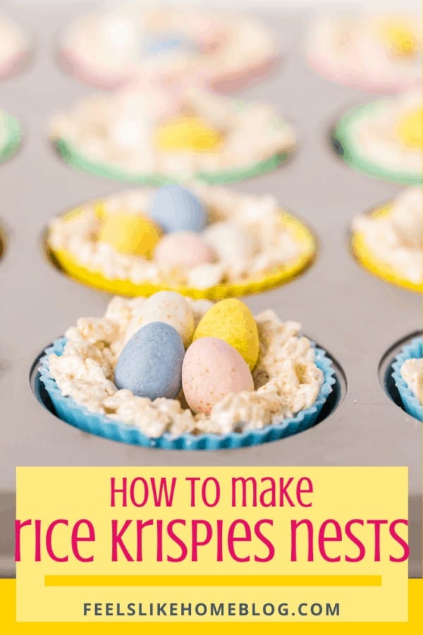A muffin tin with Rice Krispies nests in colorful wrappers with the title \"How to make rice krispie nests\"