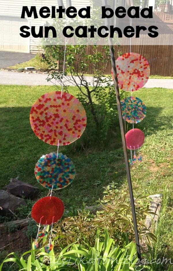 How to make melted bead suncatchers in the oven or gas BBQ grill - Fun, easy activity ideas for DIY gifts made by kids and adults. We used these beautiful projects as Mother's Day gifts but they would also make nice baby mobiles or wind chimes or Christmas ornaments. Can be made any shape including hearts depending on what kind of cake pan or muffin tin you use. Perfect summer crafts.
