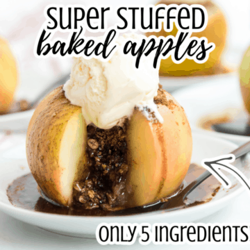 a super stuffed baked apple with cinnamon brown sugar filling spilling out and a scoop of vanilla ice cream