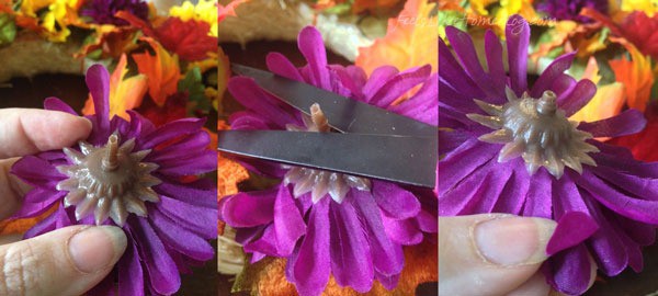 Cut long stems from silk flowers - Autumn Wreath Craft for Kids