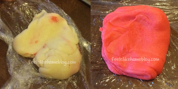 a collage of marzipan before and after coloring hot pink