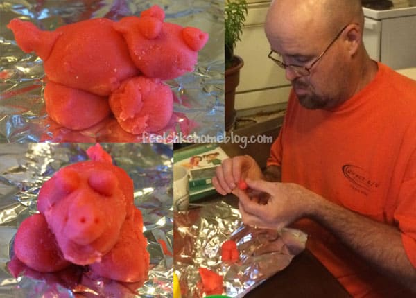 a collage of a marzipan piggy with a man making one