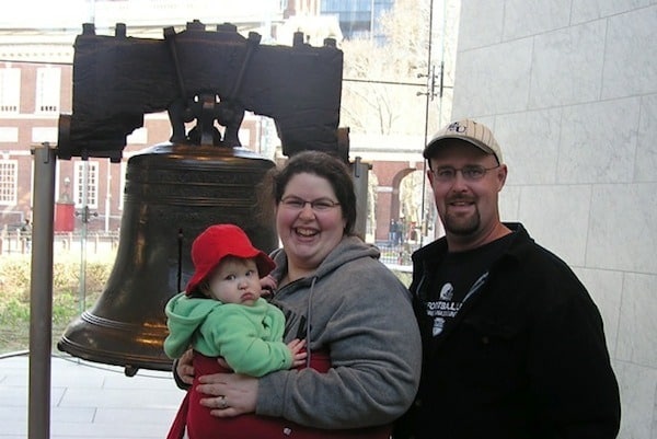 Tara Ziegmont and her family standing in front of the Liberty Bell