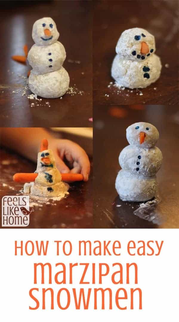 a collage of marzipan snowmen with the title "how to make easy marzipan snowmen"