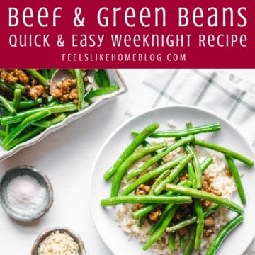 A plate of food on a table, with Green Beans and Beef
