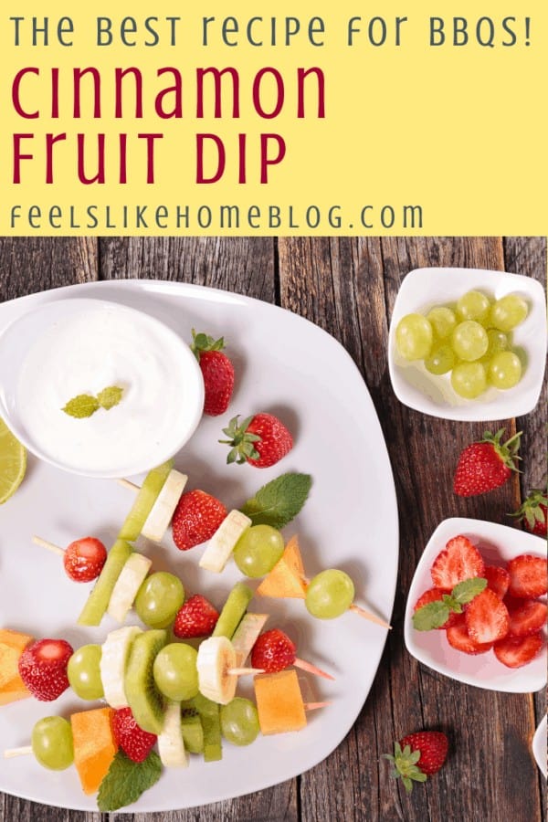 A bunch of fruit on a plate, with cinnamon dip