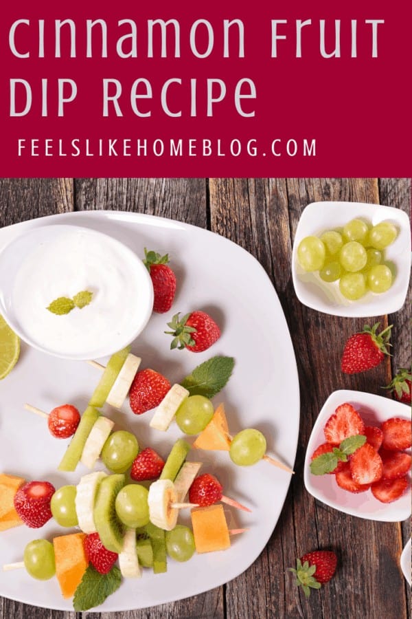 A plate of fruit on a table, with Fruit dip