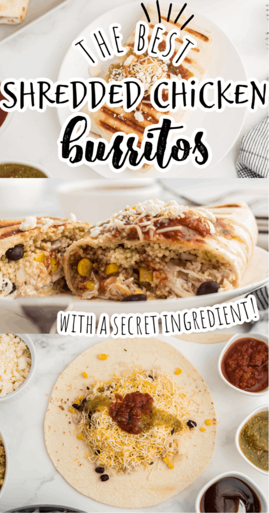 a collage of chicken burrito photos