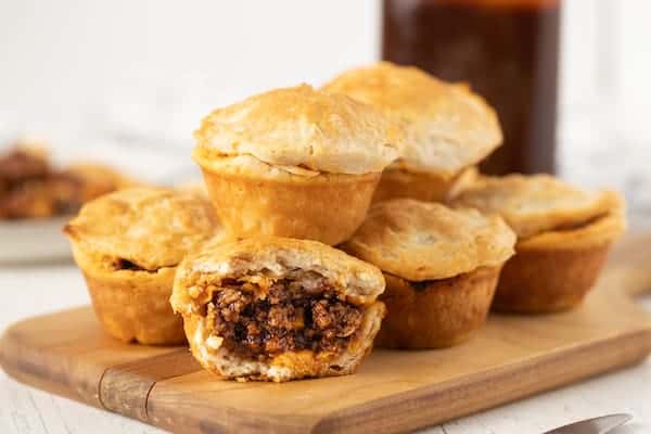 Beef BBQ biscuit cups cut in half