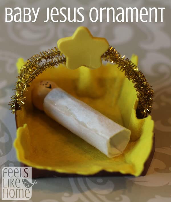 A homemade baby Jesus ornament