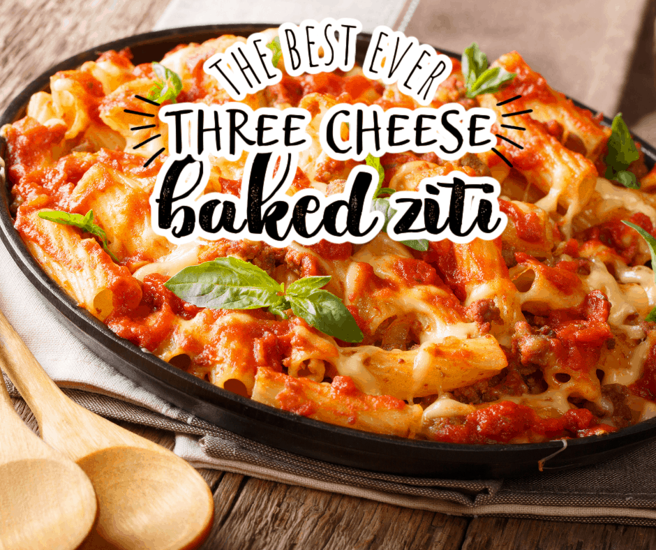 baked ziti on a wooden table