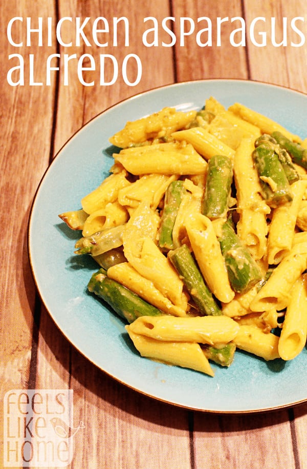 penne pasta with asparagus with the title "chicken asparagus alfredo"