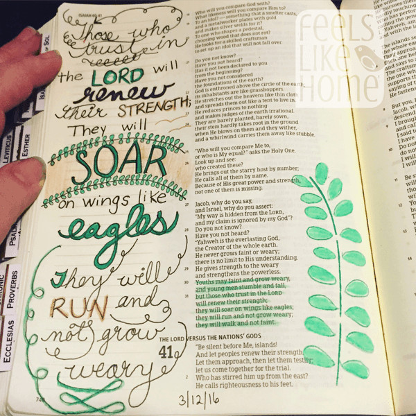 A close up of Bible journaling on a white background