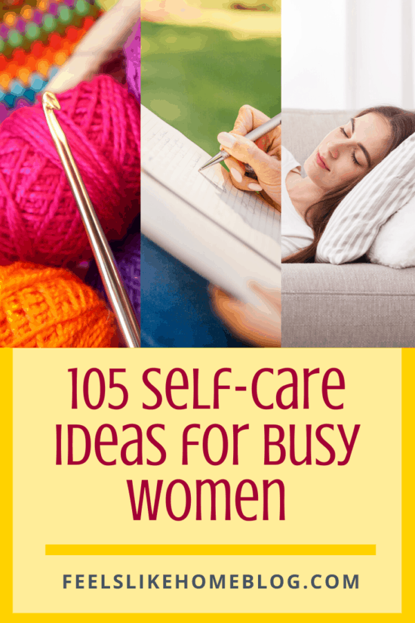 A collage of  self care ideas including napping, writing in a journal, and crocheting