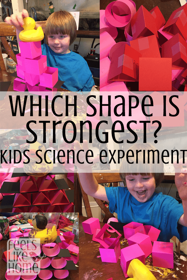 a collage of images of kids and the title "Which shape is strongest? Kids Science Experiment"