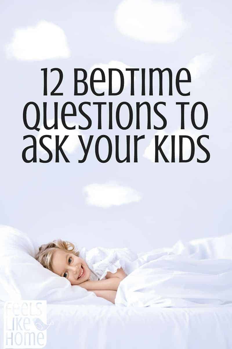 a little girl who looks happy to be in bed with the title "12 bedtime questions to ask your kids"