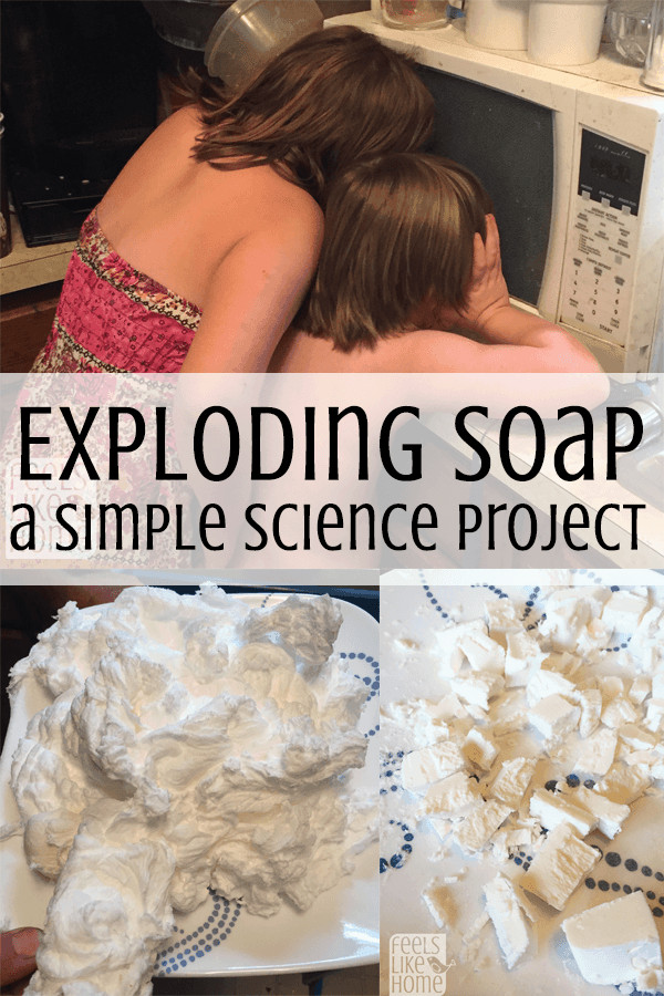 a collage of kids looking into the microwave and exploding soap with the title "exploding soap: a simple science project"