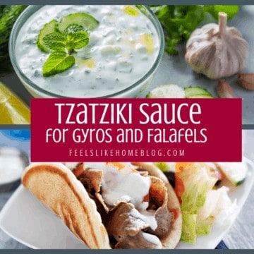 A bunch of different types of food, with Tzatziki and a gyro