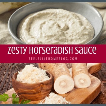 A bunch of different types of food, with Horseradish Sauce
