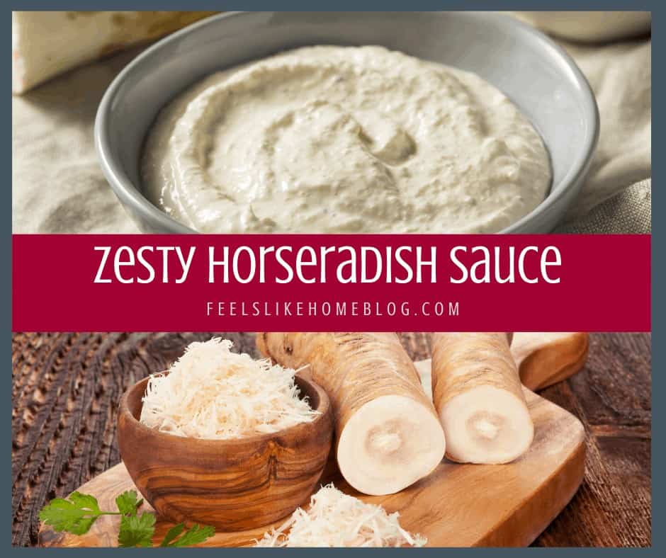 A bunch of different types of food, with Horseradish Sauce