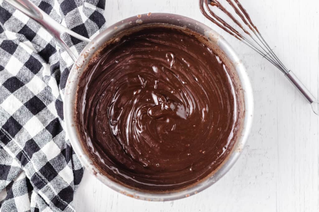 homemade hot fudge sauce in a saucepan