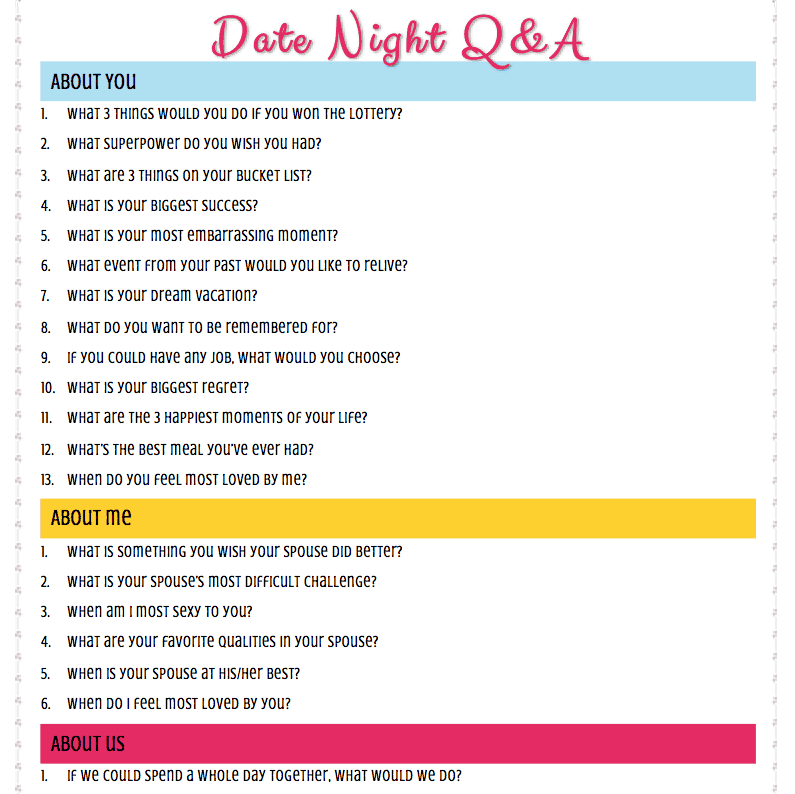 a screenshot of a printable with the title "Date Night Q&A"